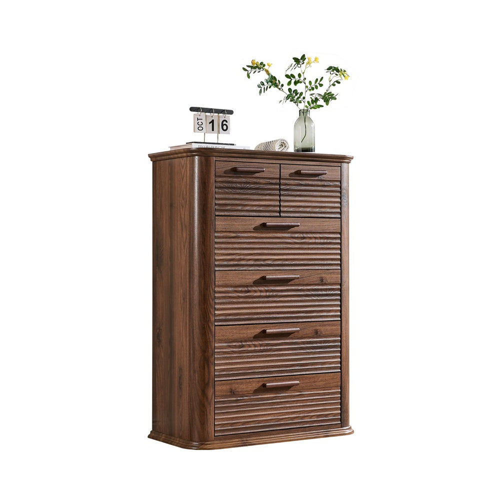 English Elm 6 Drawer Tall Fluted Chest with Waveform Fronts Slim Wooden Storage for Modern Bedroom T5326P425101