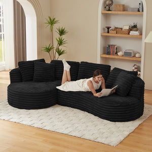 English Elm Modern Curved Sectional Sofa Tufted Corduroy L Shape for Living Room Apartment Black W2339S00165