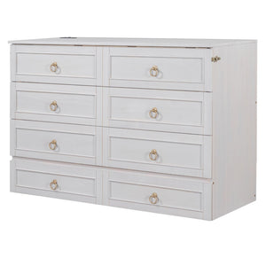 English Elm Queen Murphy Wall Bed with Rattan Panel Cabinet and Storage Drawers for Studio Rooms White LP000676AAK