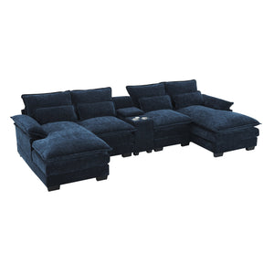 English Elm 123*55"Modern U-shaped Sectional Sofa with Console, Cup Holders, USB Ports, Chenille Comfort & Support Dark Blue N723S8804C