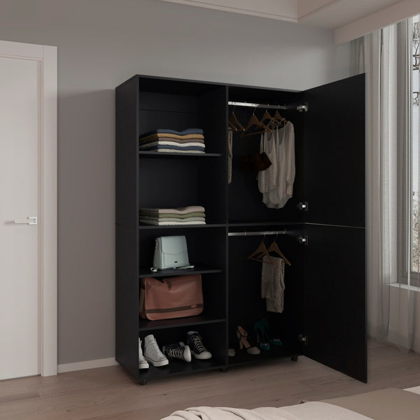 English Elm Wardrobe Spacious 72.4" H Two-Door Engineered Wood Closet with Five Shelves, Six Legs, Modern Appeal Black 40.94 L x 29.13 W x 5.51 H B097S00222