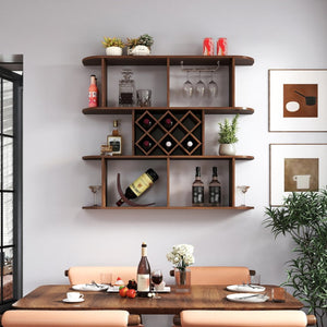 English Elm Large Rustic Wood Wall Mounted Wine Rack with Three Shelves and Stemware Rail Walnut W331P277924