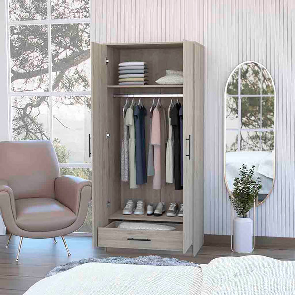 English Elm Rio Light Gray Double Door Armoire 71" High with Hanging Rod, Top Shelf & Hidden Bottom Drawer for Spacious Bedroom Storage B128S00113