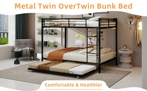 English Elm Durable Square Tube Iron Bunk Bed With Trundle - Modern Minimalist Design For Kids & Guest Rooms W1935P360860