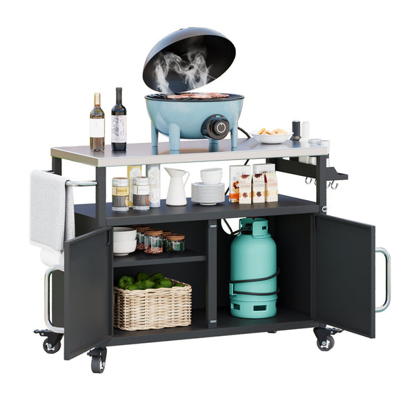 English Elm K&K 54.5" Outdoor Kitchen Island with 1.6" Stainless Top, Locking Wheels, Spice Rack & Bottle Opener N707P270779B