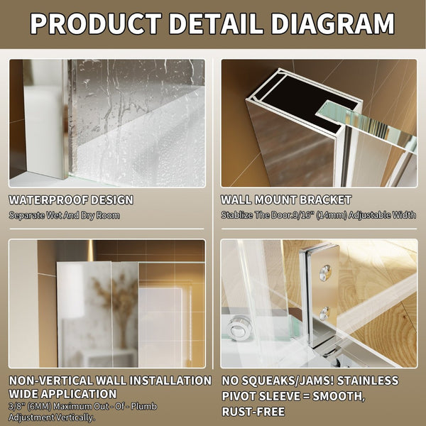 English Elm Corner Frameless Neo-angle Pivot Shower Enclosure with Tempered Glass and Sleek Hardware Chrome W637P348803