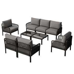 English Elm Christopher Knight Home® - 9 Modern 9-Piece Patio Conversation Set with Deep-Seating Waterproof Cushions and Glass Tabletop Black+ Gray N780P1994544499B