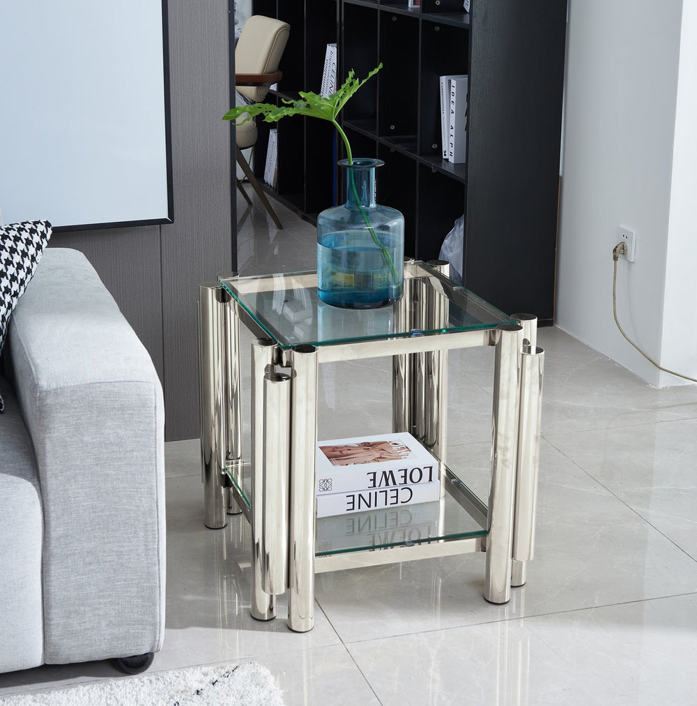 English Elm 20 Inch Square End Table, Modern Silver Stainless Steel & Glass Design With Storage For Home & Office W2978S00008