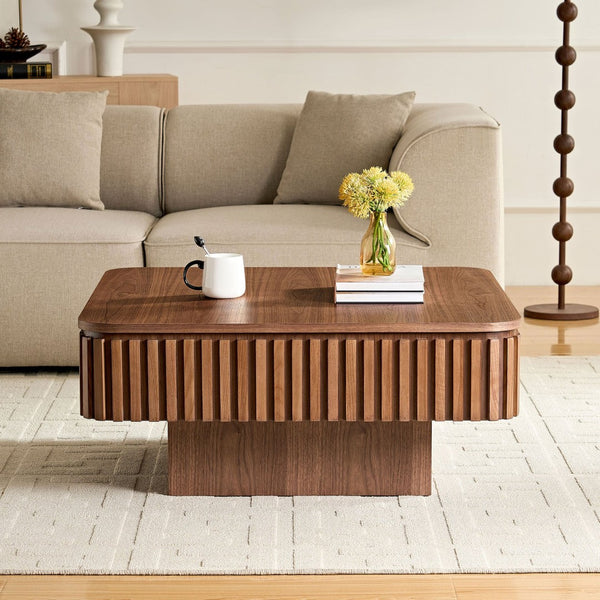 English Elm 35.43 Inch Round Drum Coffee Table Wood Veneer Mdf Pedestal Base for Living Room W2582P389135