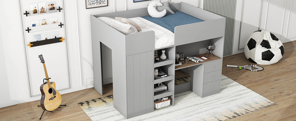 English Elm Wood Full Size Loft Bed with Built-In Wardrobe, Spacious Desk, Shelves and 3 Drawers for Storage Grey GX001819AAE