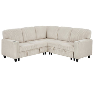 English Elm L-Shaped Sofa with Pull-Out Bed and Storage, 5-Seat Sectional with USB, Cup Holders, Cozy Chenille Beige W1998S00075