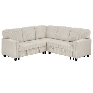 English Elm L-shaped Sectional Sleeper Sofa with Hidden Storage Usb Charging Corduroy Upholstery Beige W1998S00093
