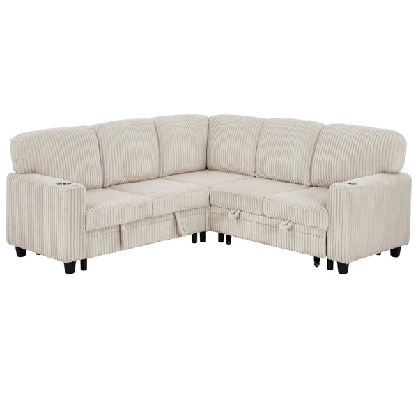 English Elm L-shaped Sectional Sleeper Sofa with Hidden Storage Usb Charging Corduroy Upholstery Beige W1998S00093