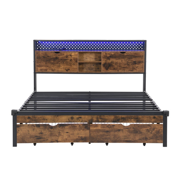 English Elm King Size Metal Platform Bed with Wooden Headboard, USB Outlets, LED Lights, 2 Drawers, 600LB Limit W311P167048