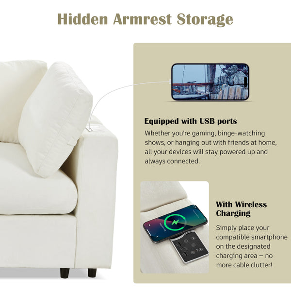 English Elm U-style 113" Upholstered Modular Sofa with Built-In Bluetooth Audio, Wireless Charging & Storage Beige WY000457AAA