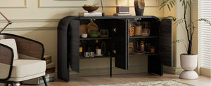 English Elm TREXM Retro Buffet Cabinet with 4 Doors, Curvy Edge Sideboard, Adjustable Shelves, Black/Natural Finish N715P228110B