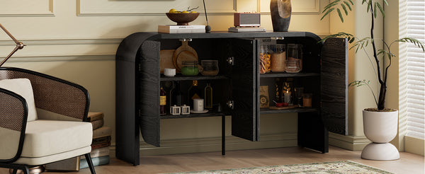 English Elm TREXM Retro Buffet Cabinet with 4 Doors, Curvy Edge Sideboard, Adjustable Shelves, Black/Natural Finish N715P228110B