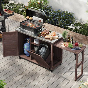 English Elm K&k Outdoor Rolling Kitchen Island Fir Wood Stainless Steel Top with Foldable Prep Station Dark Brown N707P370276Z