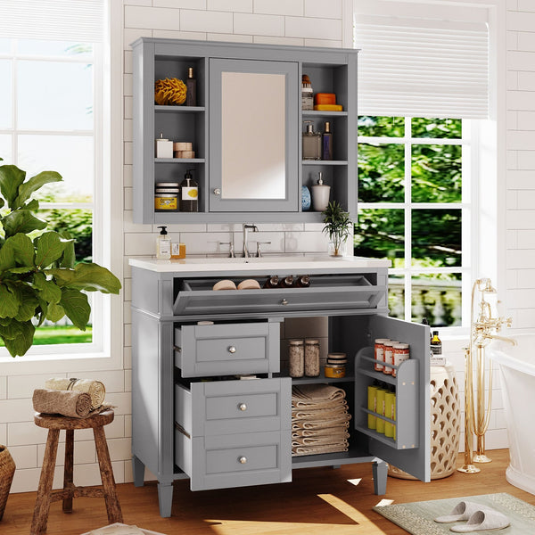 English Elm 36'' Bathroom Vanity With Medicine Cabinet - Modern Grey Storage Solution With Soft-Closing Design SW000134AAE-3