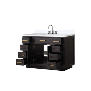 English Elm Black Oak Single Bath Vanity 48" W x 22" D with White Quartz Top, Chrome Gooseneck Faucet, Soft-Close B2731P260831