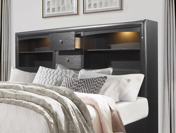 English Elm CIVIC full bed with built‑in storage drawers, felt‑lined headboard, solid wood frame, modern finish Gray 35.63 L x 19.49 W x 16.93 H B201S00037