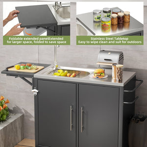 English Elm Outdoor Stainless Steel Grill Cart with Sink Foldable Top and Lockable Wheels W3190P426842
