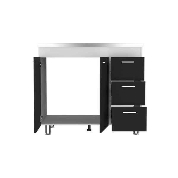 English Elm Base Double Door Cabinet with Three Drawers, Faucet Hole, Engineered Wood, White & Black Finish B097S00136