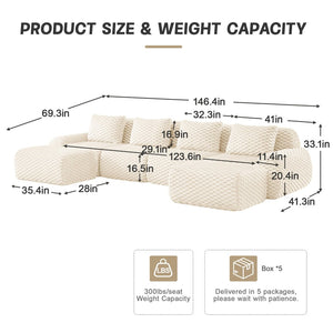 English Elm 146" U-shaped Modular Sectional Flannelette Sofa with Ottoman for Spacious Living Rooms Cream W714S01523