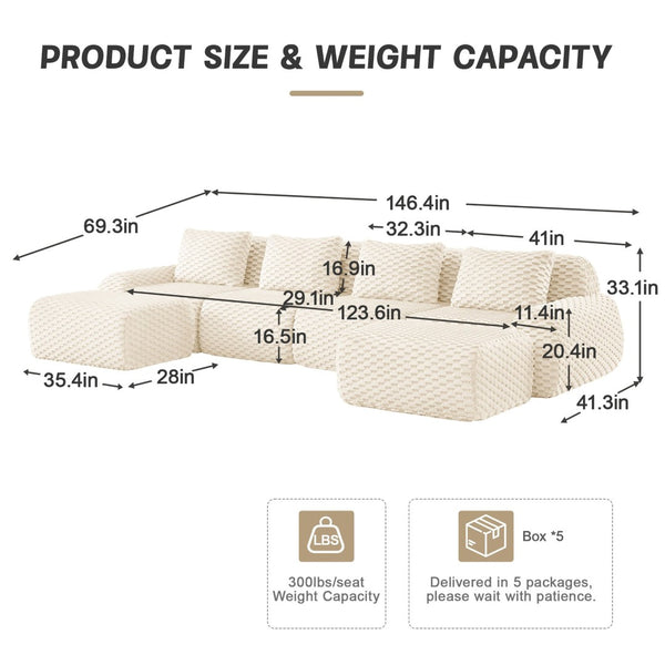 English Elm 146" U-shaped Modular Sectional Flannelette Sofa with Ottoman for Spacious Living Rooms Cream W714S01523