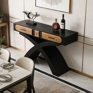 English Elm Ashwood Veneered Console Table with X Frame Legs and Two Drawers for Entryway Decor W3040P455738