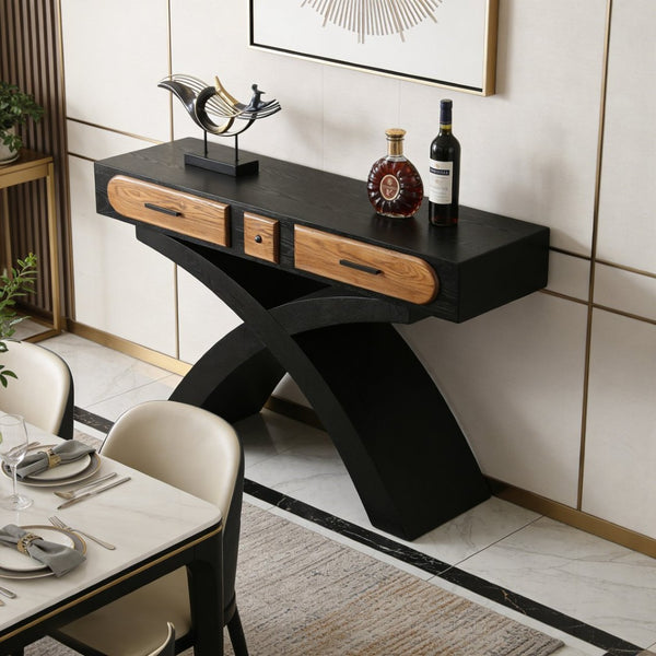 English Elm Ashwood Veneered Console Table with X Frame Legs and Two Drawers for Entryway Decor W3040P455738