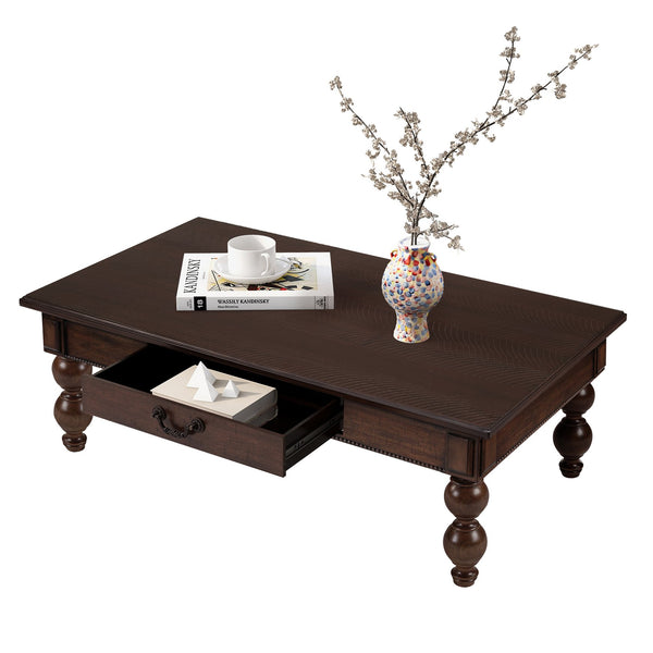 English Elm Rectangular Rustic Wooden Coffee Table with Storage Drawer, Solid Rubberwood Gourd Legs, 47" Luyo Espresso W1202P317455