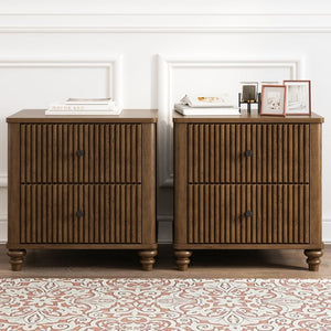 English Elm Fluted Oak Finish 3-drawer Nightstand Set of Two Mid Century Bedroom Side Tables Walnut W5819P481407