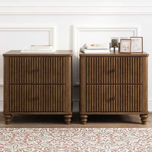 English Elm Fluted Oak Finish 3-drawer Nightstand Set of Two Mid Century Bedroom Side Tables Walnut W5819P481407