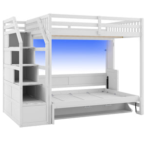 English Elm Full XL Loft Bed with Storage Staircase & Murphy Bed, Solid Pine, LED Light, Space-Saving White N7090004017K