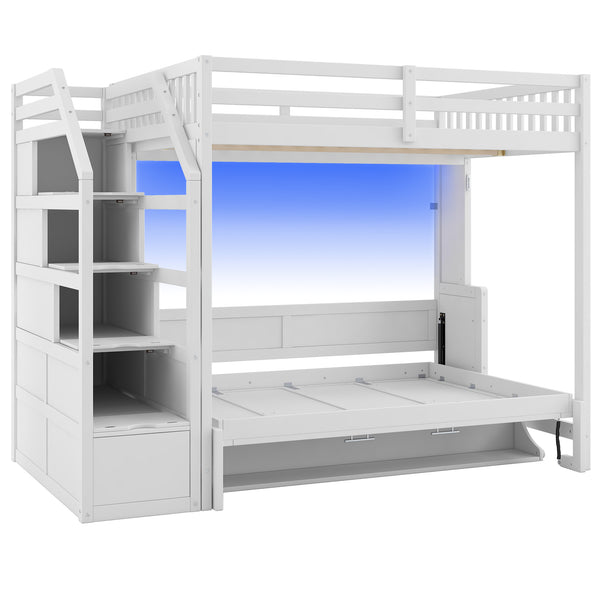 English Elm Full XL Loft Bed with Storage Staircase & Murphy Bed, Solid Pine, LED Light, Space-Saving White N7090004017K