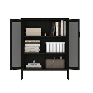 English Elm Amelia Metal Accent Cabinet 32" — Steel Mesh Doors, Adjustable Shelves, Minimalist Legs for Modern Storage Solutions Black B365P397890
