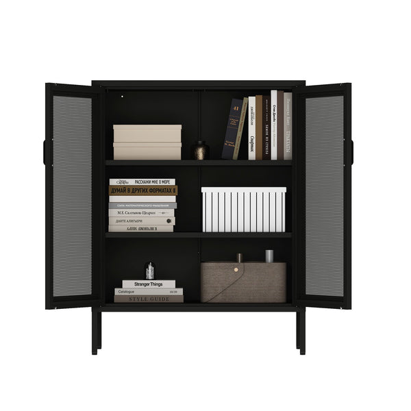 English Elm Amelia Metal Accent Cabinet 32" — Steel Mesh Doors, Adjustable Shelves, Minimalist Legs for Modern Storage Solutions Black B365P397890