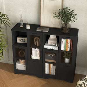 English Elm MDF modern painted storage cabinet with glass doors, drawer and open shelves for entryway decor (97) Black W409P171447