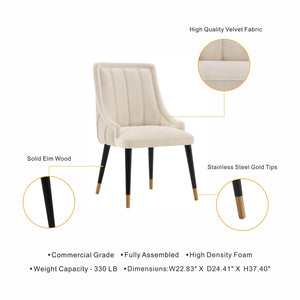 English Elm Eda Solid Wood Upholstered Dining Chair with Velvet & Leatherette, Gold-Tip Legs, 330lb Capacity Cream B365P397701