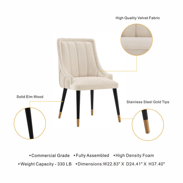 English Elm Eda Solid Wood Upholstered Dining Chair with Velvet & Leatherette, Gold-Tip Legs, 330lb Capacity Cream B365P397701