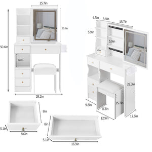 English Elm 29.2" Compact Left Drawer Vanity Set With Led Mirror, Power Station, Stool & Hair Dryer Holder P1 W936P202461-GIGA