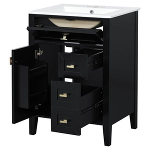 English Elm "24'' 24 Inch Glossy Freestanding Bathroom Vanity with Gold Hardware and Soft Close Storage Black Rubberwood N725P448529B