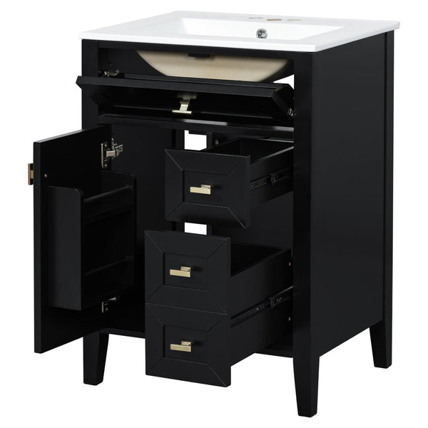 English Elm "24'' 24 Inch Glossy Freestanding Bathroom Vanity with Gold Hardware and Soft Close Storage Black Rubberwood N725P448529B