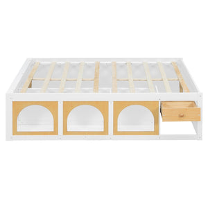 English Elm Full Size Kids Platform Bed with Led Lighting Bookshelf Display Cabinet and Storage Drawer White+Natural N820S00077K
