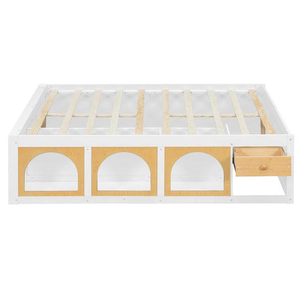 English Elm Full Size Kids Platform Bed with Led Lighting Bookshelf Display Cabinet and Storage Drawer White+Natural N820S00077K