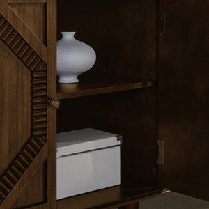 English Elm 65.2" Mid Century Sideboard Buffet with Fluted Geometric Doors, Spacious Adjustable Shelves & Brass Accents Walnut W1801P346228