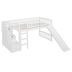 English Elm Stairway Twin Loft Bed with Storage Staircase Slide and Guardrails for Kids White LT000515AAK-1