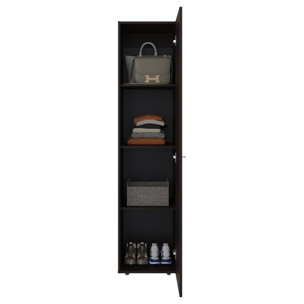 English Elm Deftones Tall Narrow Wenge Cabinet Four Shelves Slim Floor to Ceiling Bedroom Storage B128P485410