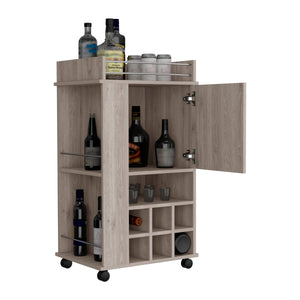 English Elm Fargo Grey Bar Cart with Cabinet, 6 Built-In Wine Slots, Open Shelf, Spacious Top & Casters B200P188865